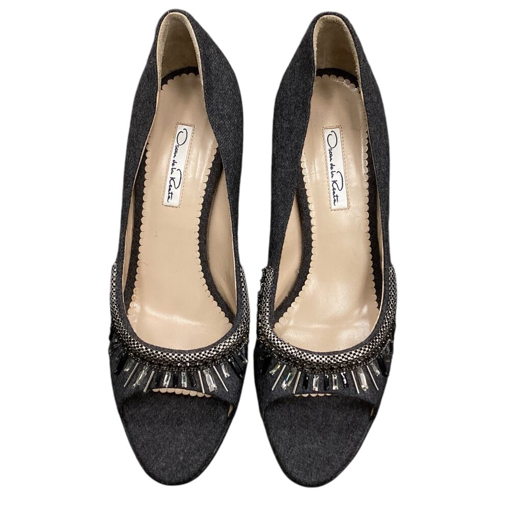 Oscar de la Renta Women’s Open Toed Pumps Gray Flannel Swarovski Crystals S.39